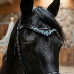 Black Leather Horse Browband Blue Crystal Rhinestone Western Bling Tack