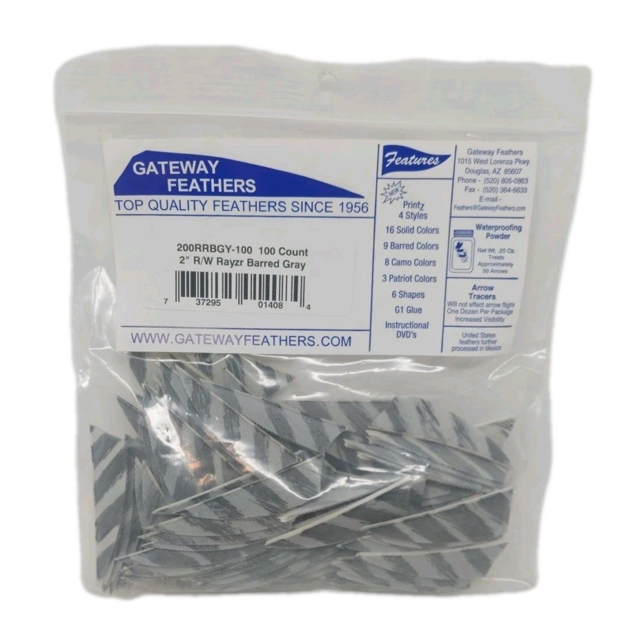 100pk Gateway Feathers 2″ Right Wing: Rayzr Faux Barred Gray 200RRBGY-100