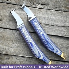 Farrier Hoof Knife Set 2pc Loop Knife Brass End Blue Wood Handle Horse Goat Cow