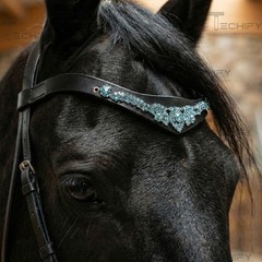Black Leather Horse Browband Blue Crystal Rhinestone Western Bling Tack