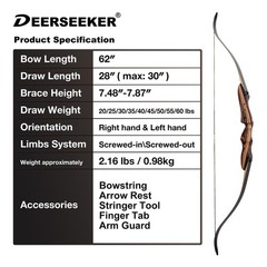 Deerseeker Archery Bow Set 62″ Takedown Recurve Bow Traditional Bow Set for A…