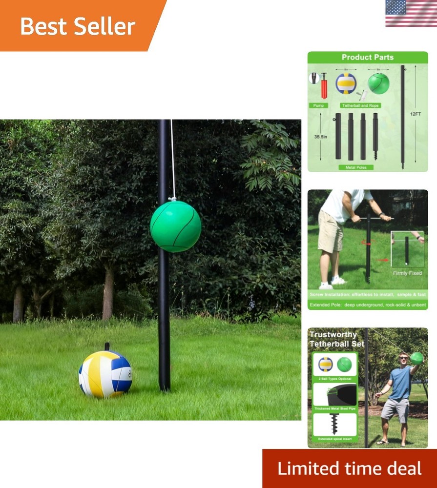 Tetherball Ball and Rope, 12 FT Tetherball Set, Adjustable Tether Ball Pole w…