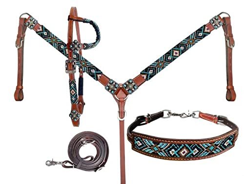 Showman Turquoise Beaded Southwest Design Leather Headstall & Breast Collar Set