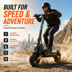 1600W Electric Scooter 48V 21Ah Foldable Adult E Scooter 65KM/H 55KM 11″ Tires