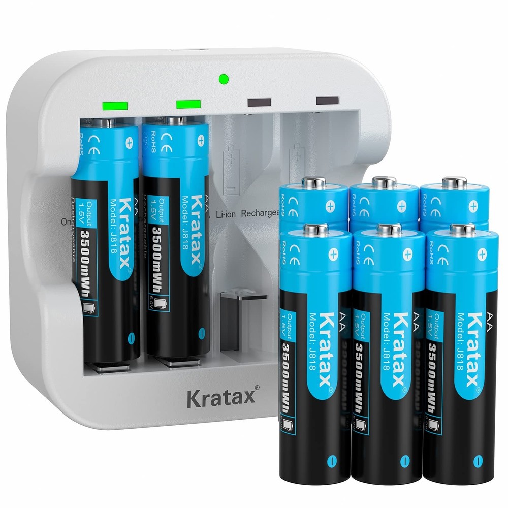 Kratax Rechargeable Lithium AA Batteries 8 Pack 1.5v 3500mWh li-ion Rechargea…