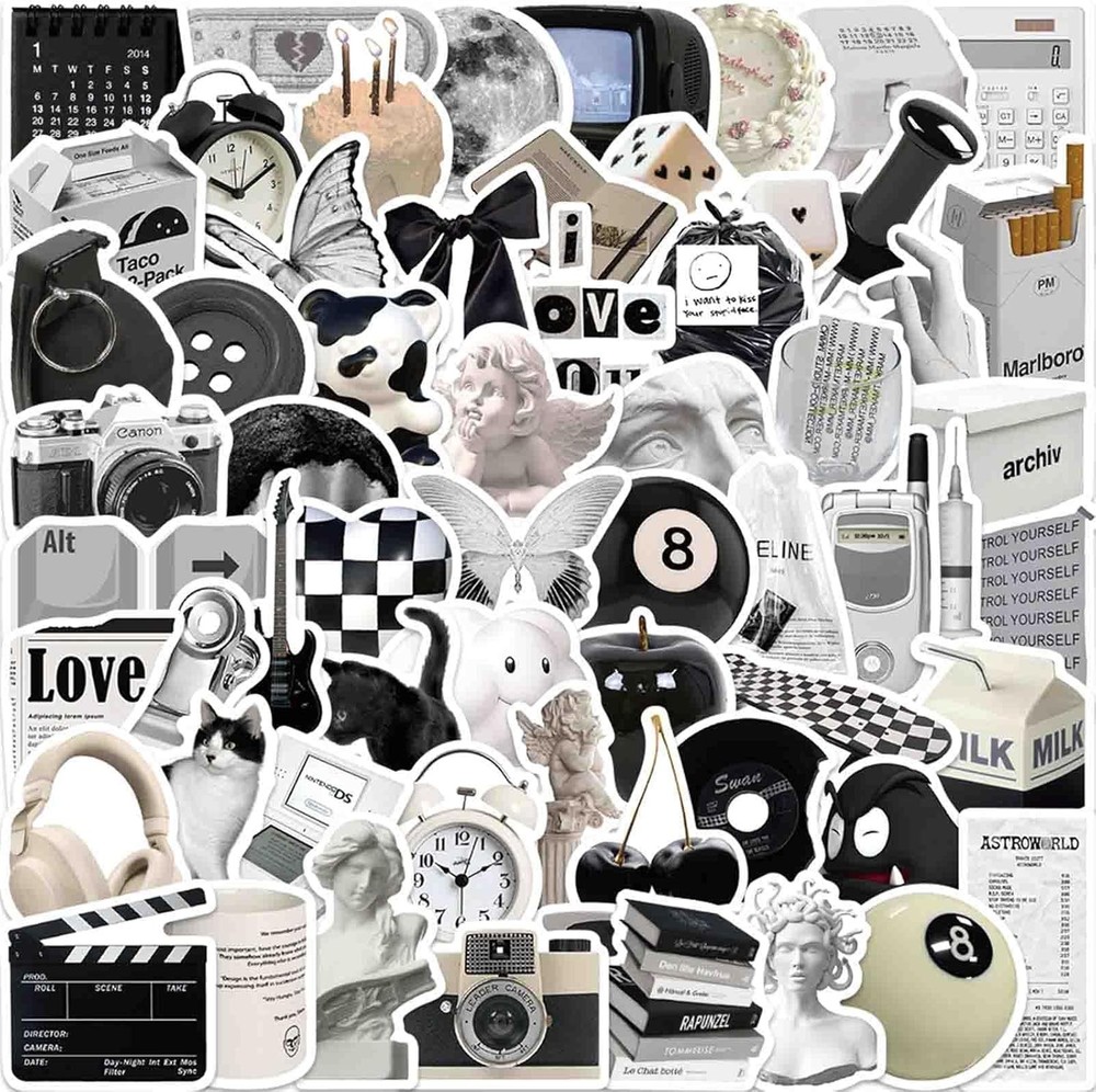61Pcs Cute Aesthetic Stickers for Water Bottle Black and White