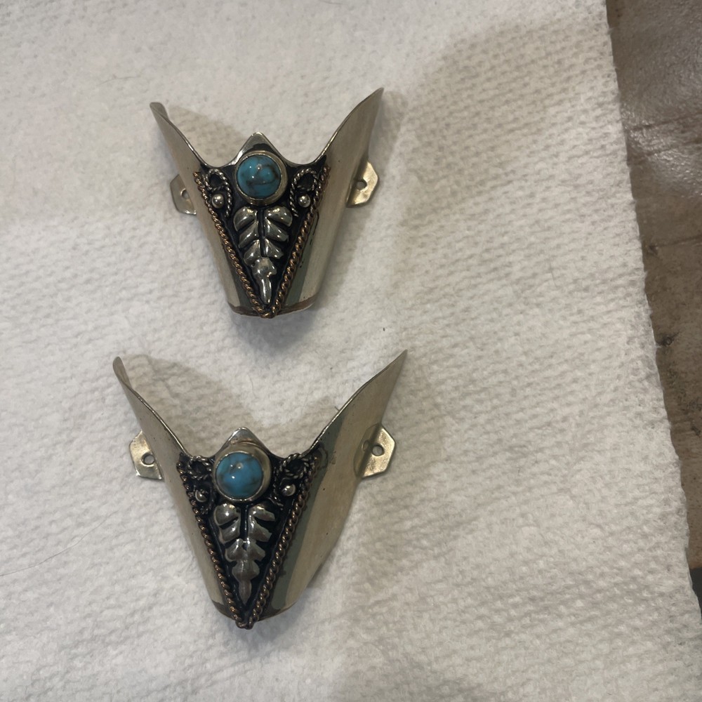 Boot Flat Tips Set Silver Tone Turquoise Stone Southwestern