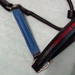 USED Black and Blue Padded Leather Horse Halter Large Size with Bling