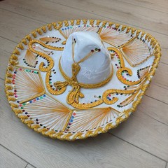 Pigalle XXXXX White Charro Sombrero Hat with Gold Trim and Sequins 23 in