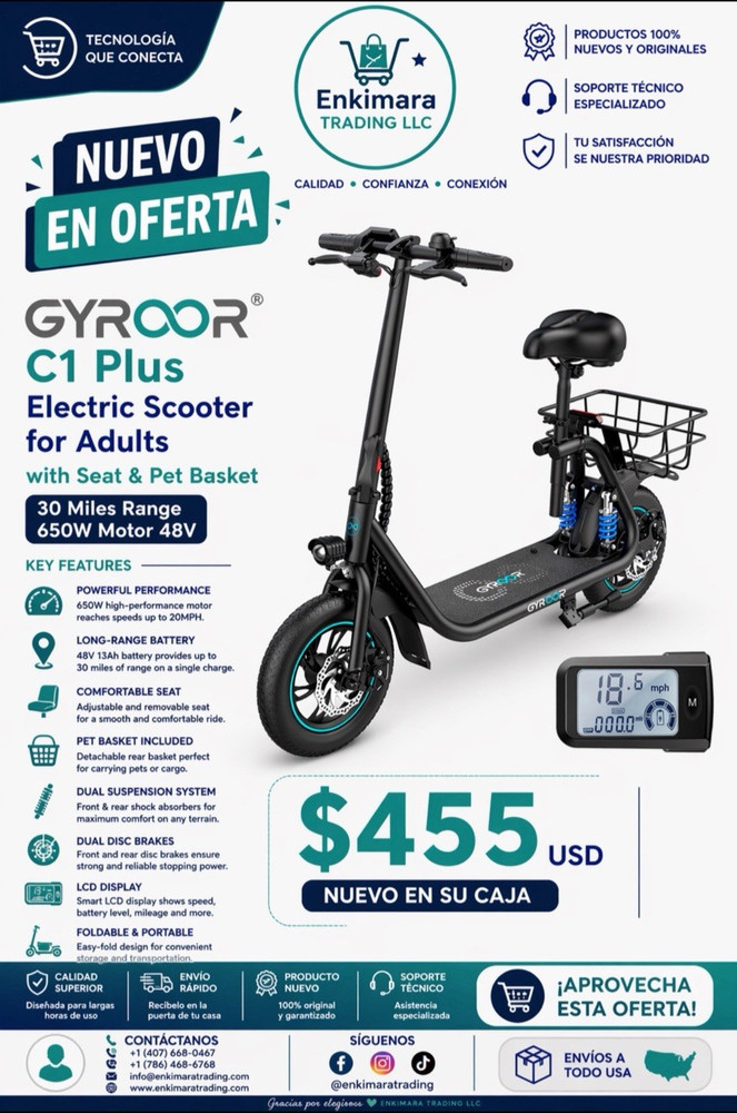 Gyroor C1S Electric Scooter Adults, 650W Folding, Basket, Dual Suspension, LCD