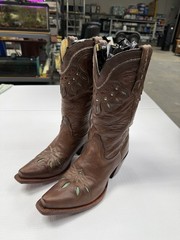 Tony Lama Brown Leather Western Cowboy Boots Embroidery Pointed Toe US 8.5