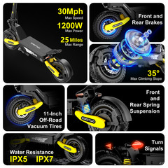 1200W Off-road Electric Scooter for Adult 48V13AH 30MPH 11»Commuting E-Scooter