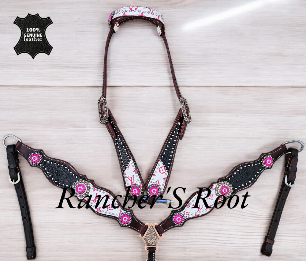 Western Horse Leather Tack Set | Pink On White With Black Croco Tack Set
