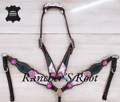 Western Horse Leather Tack Set | Pink On White With Black Croco Tack Set