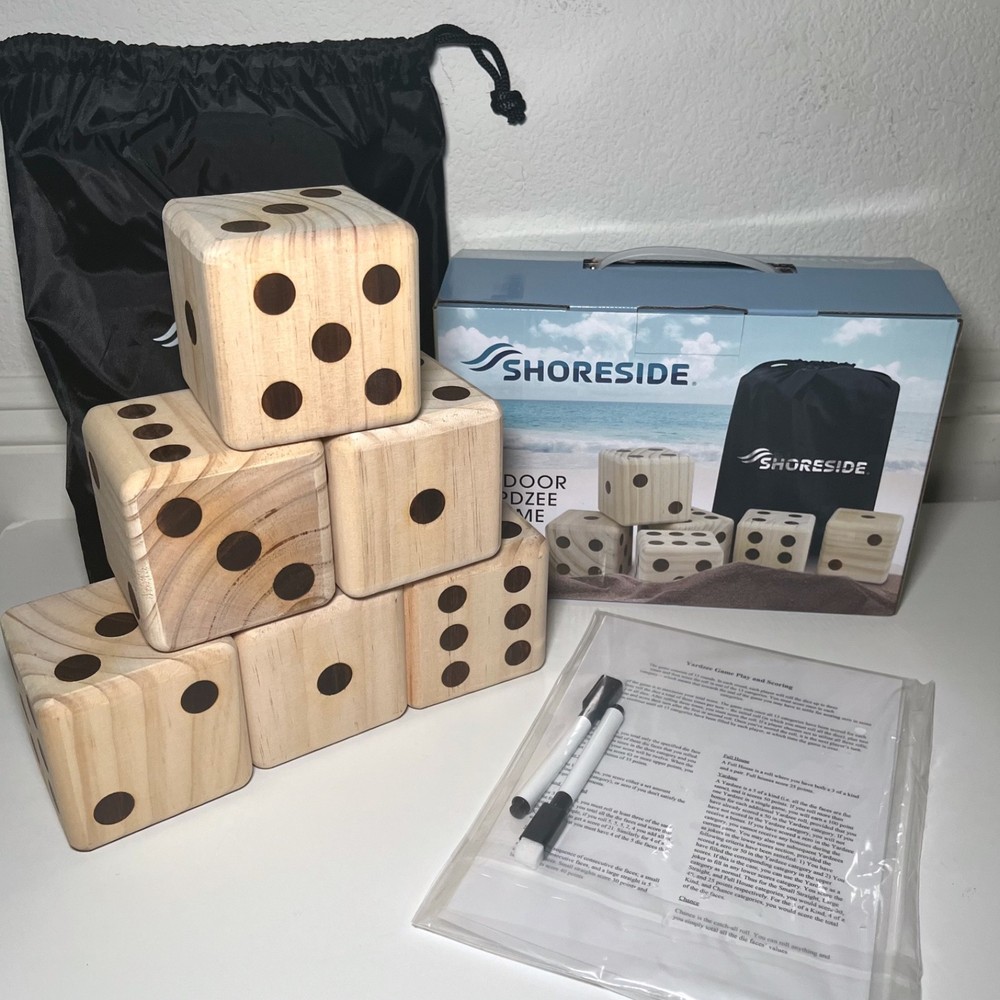Jumbo Wooden Dice for Backyard Outdoor Games with Laminated Scoresheets & Bag