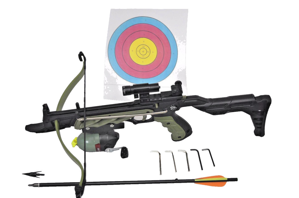 80lbs.Green Alligator CrossBow w/Large Red Laser,Reel,3 Fishing Arrows & more !!