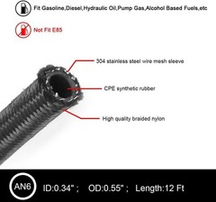12 FT 6AN 3/8″ Fuel Line Hose Braided Stainless Steel With 6PCS AN-6 Black