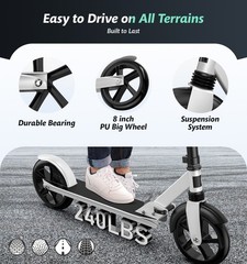 Foldable Kick Scooter Adjustable for Teens Adult Big Wheels No Assembly Unisex
