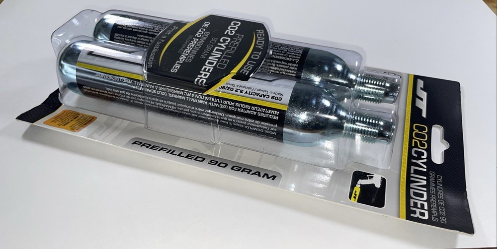 JT CO2 Cylinder, 2 pack, NIP, 90 gram, Pre-filled cylinders for Paintball