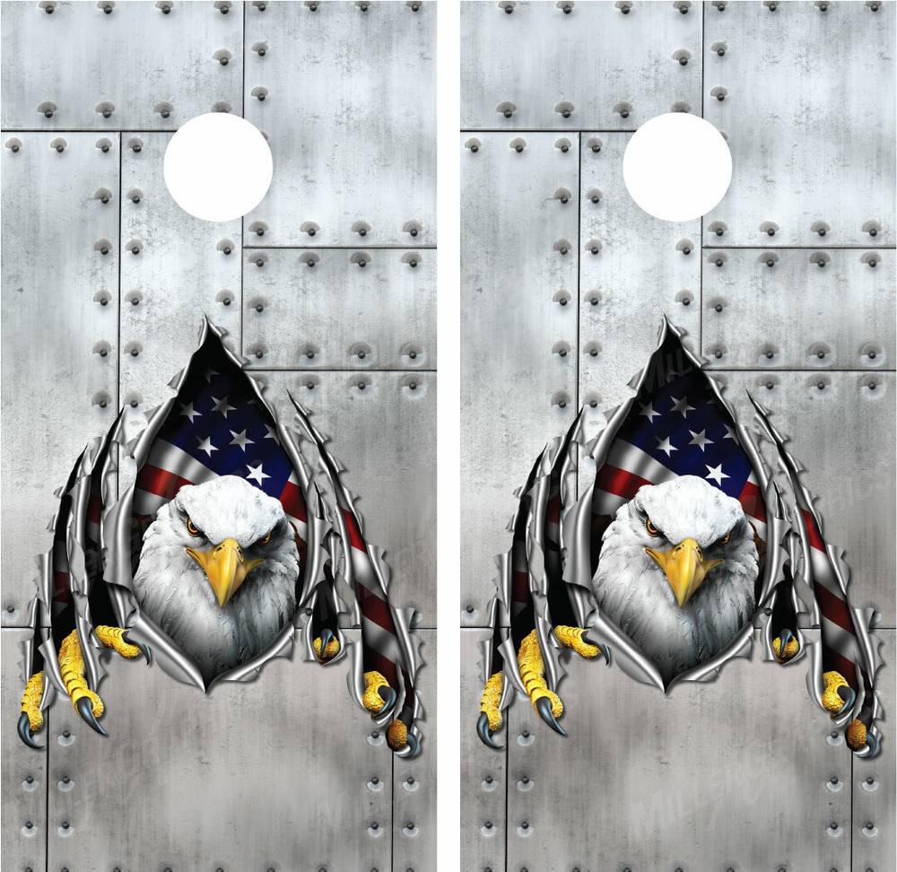 Bald Eagle Rippled Metal Riveted Metal Cornhole Board Wraps Decals Graphics