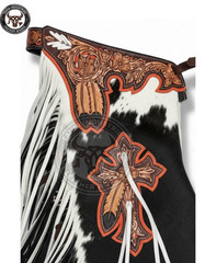 Professional Bull Riding Chaps – Custom Black and White Cowhide – Hand-Tooled Fl