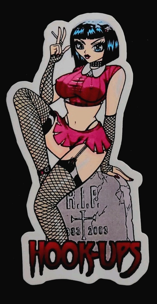 HOOK UPS STICKER «GOTHIC GRAVEYARD KNEE-HIGH BABE SMOKIN» 5 1/8 X 2 3/8″ GLOSSY