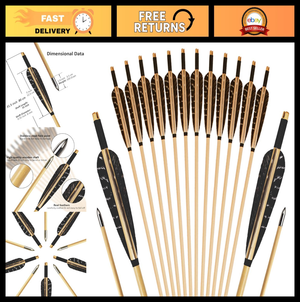 12 Pcs Handmade Wooden Archery Arrows with Feathers for Recurve & Longbow 31