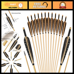 12 Pcs Handmade Wooden Archery Arrows with Feathers for Recurve & Longbow 31