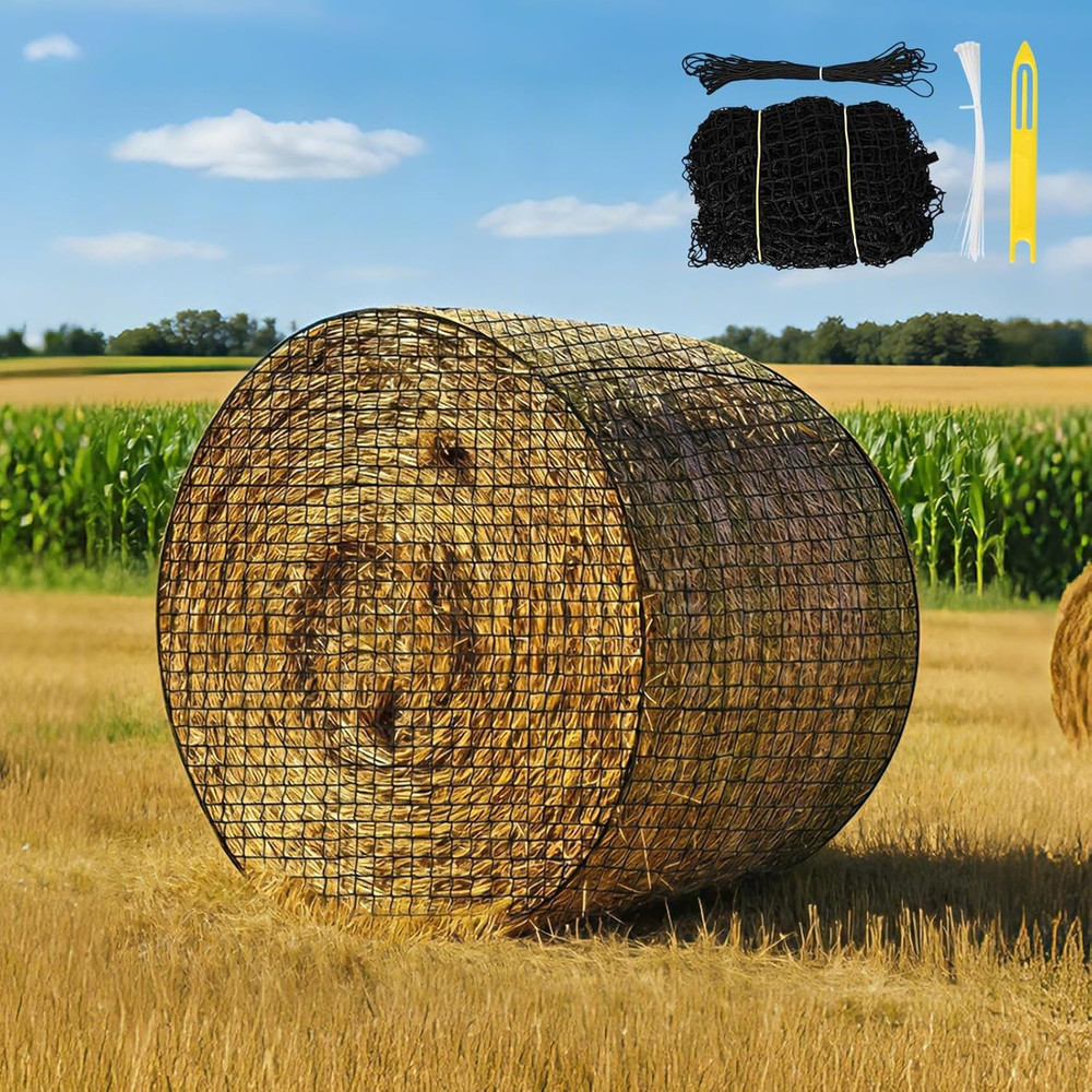 5×5 FT Round Bale Hay Net for Horses & Goats, Heavy Duty Knotless Slow Feed Hay