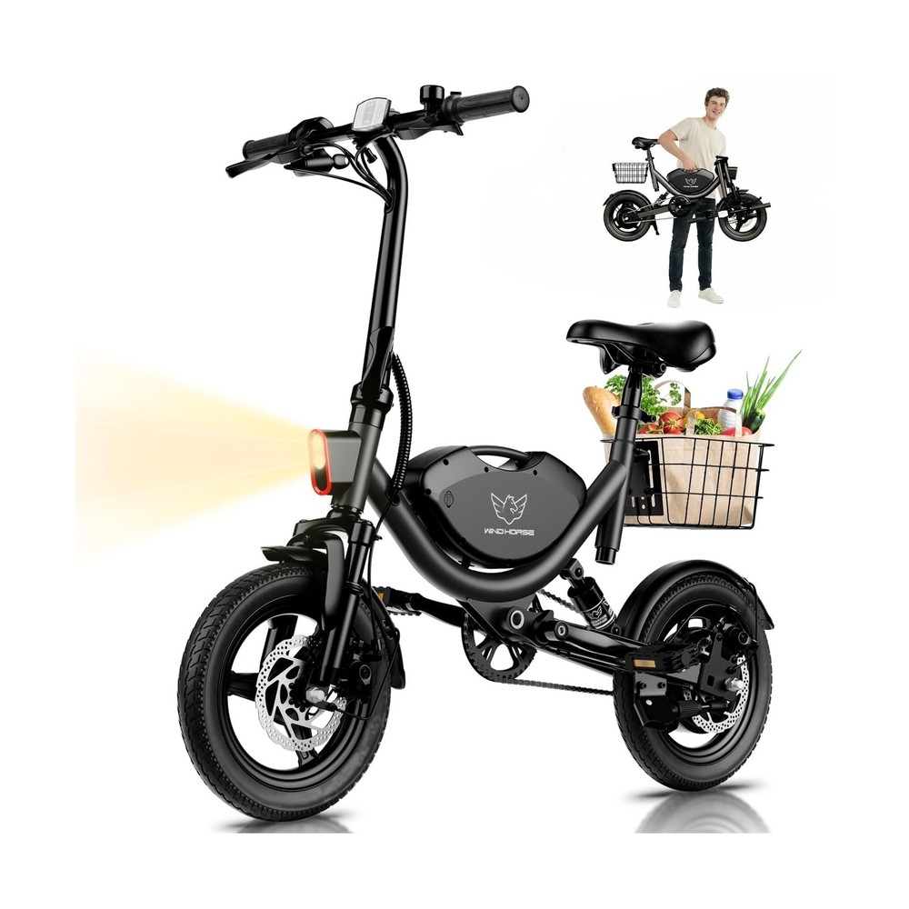 Electric Bike with Basket, 14″ Folding Ebike 22 MPH, 35 Miles Range, Dual Sus…