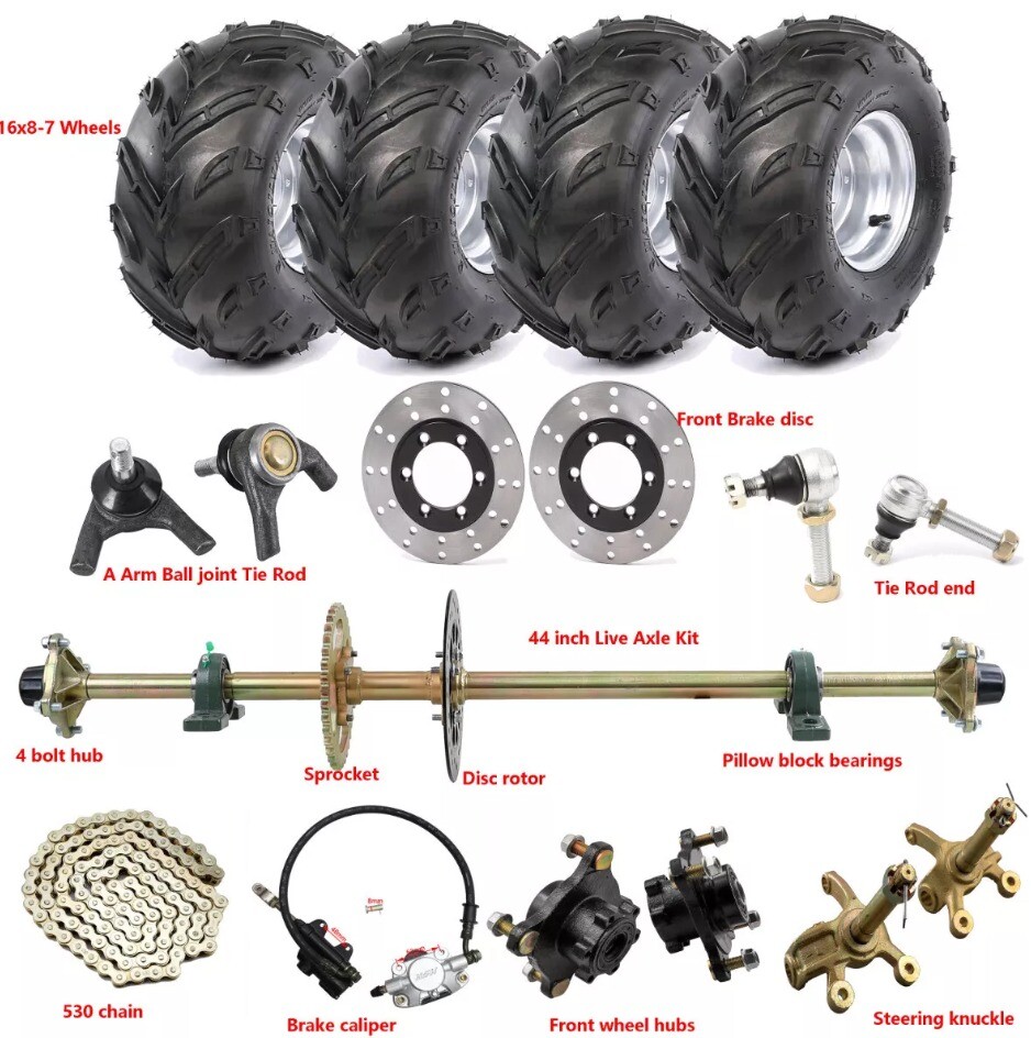 44in Rear Live Axle Kit Brake Disc Hub Tie Rod Steering &7in Wheels ATV Go Cart