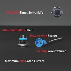 LED Latching Push Button Switch, Aluminum Alloy, IP67 Waterproof 5 19mm 1 Red