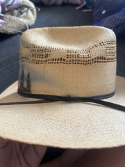 Vintage 80s Painted Straw Cowboy Hat 7 1/2 XL Elk Mountain Landscape Made in USA