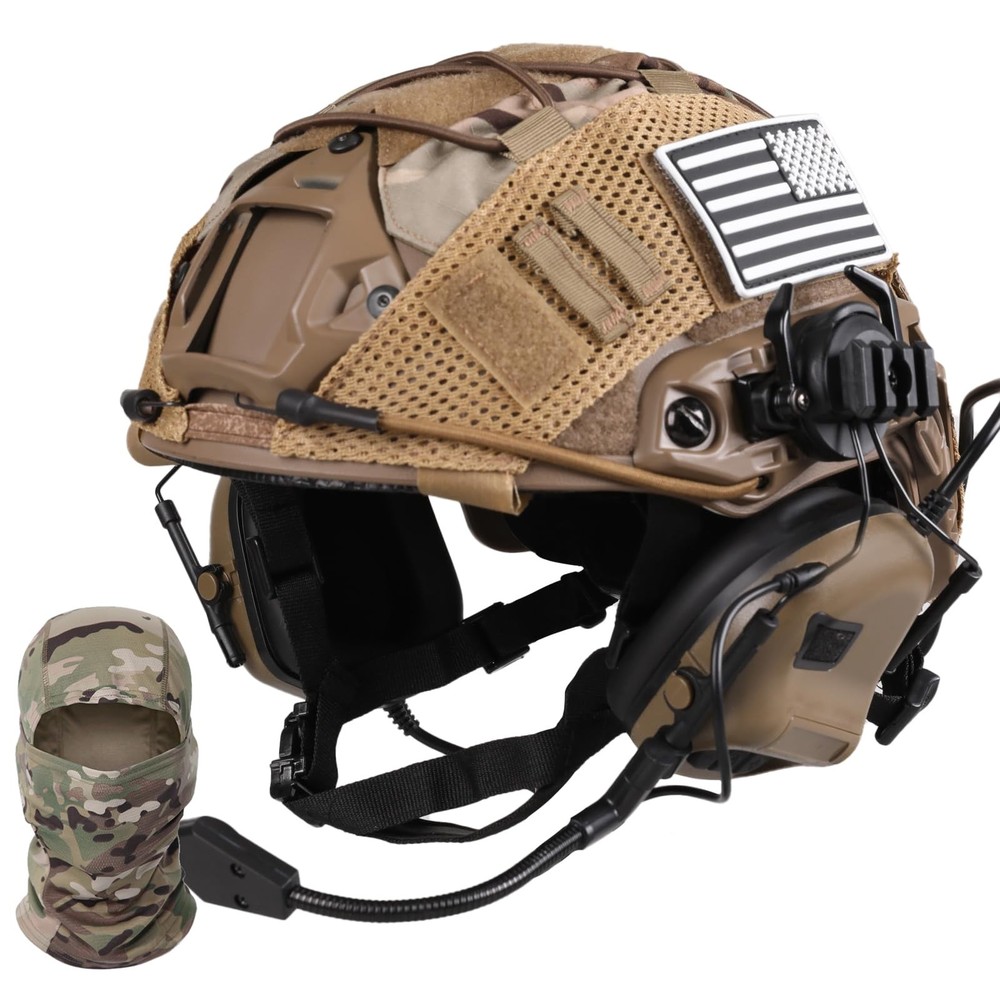 Tactical Helmet with Headset,Adjustable Cover Medium, TAN