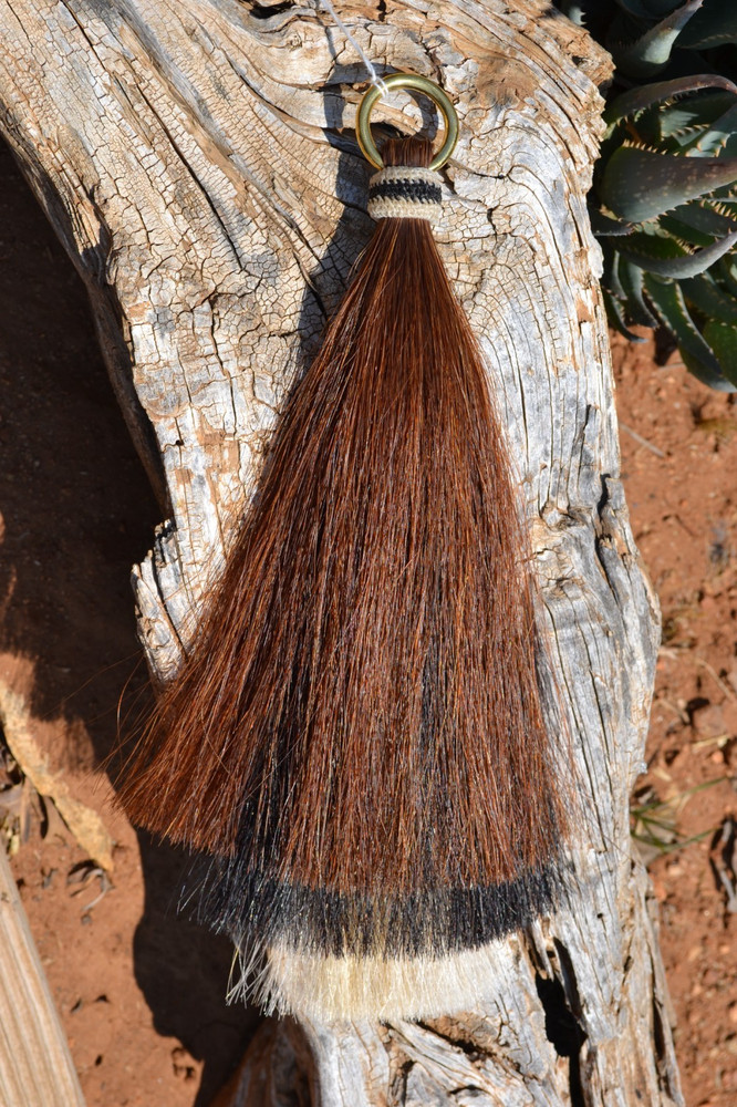 Horse Hair Shoo Shu-Fly Tassel Three Bell Mule Tail Cut-Chestnut/Black/White-13″