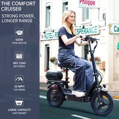 Electric Folding Scooter 48V 500W 14″ Tires w/ Basket Commuter E-Bike 20MPH #
