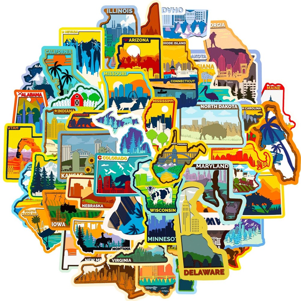 50 Pcs US State Stickers USA Map Stickers Outdoor Travel Hiking Stickers