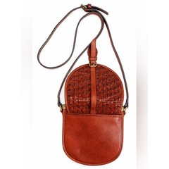 Leather Woven Saddle Crossbody Bag Brown Gold Color Accents Festival Hiking