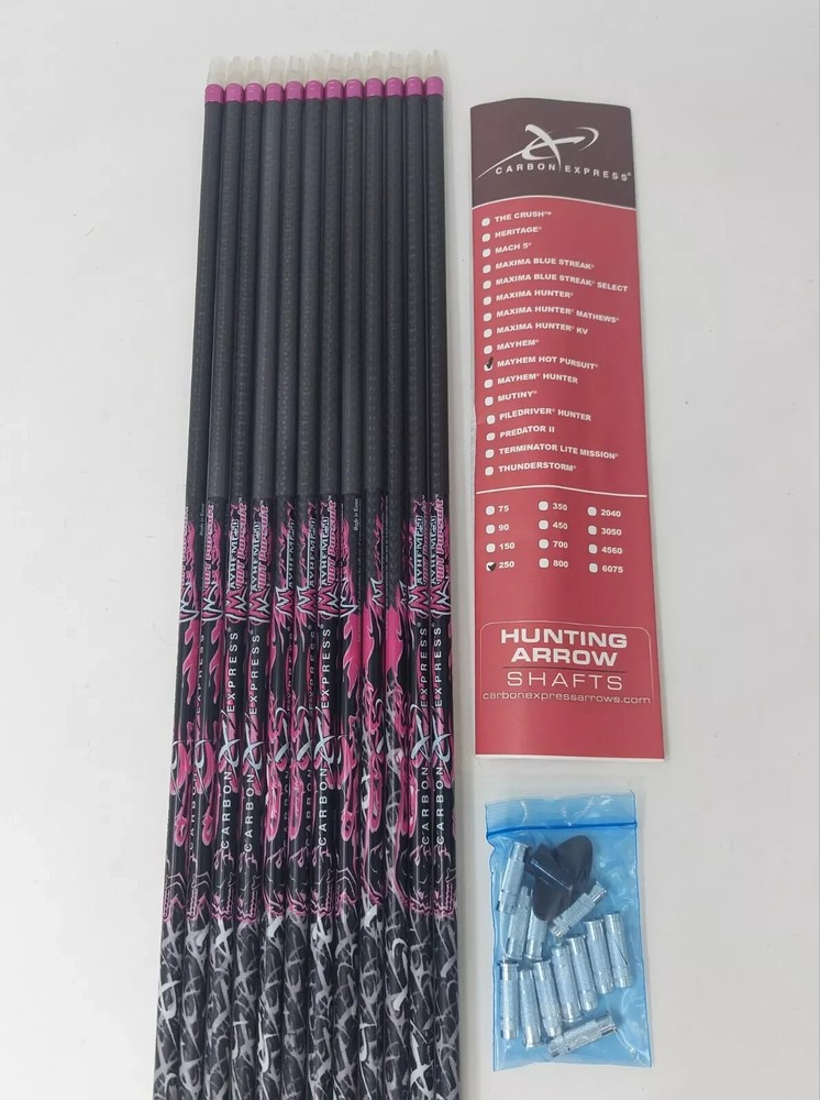 12pk Carbon Express Mayhem Hot Pursuit 250: 30″ Uncut Shafts + Inserts 50626