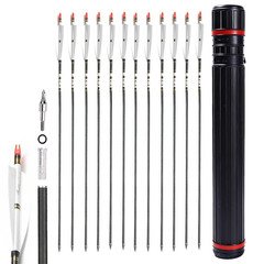 12/24pcs 30″ Carbon Archery Arrows Spine 500 Red Turkey Feather with Quiver Tube