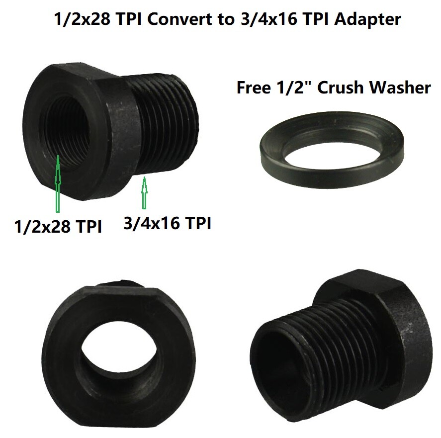 Steel Adapter Convert 1/2×28 TPI Thread to 3/4×16 TPI Thread, Free Crush Washer