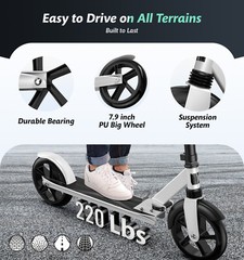 Adjustable Kick Scooter for Adults Teens Kid Foldable Scooter 7.9IN Big Wheels
