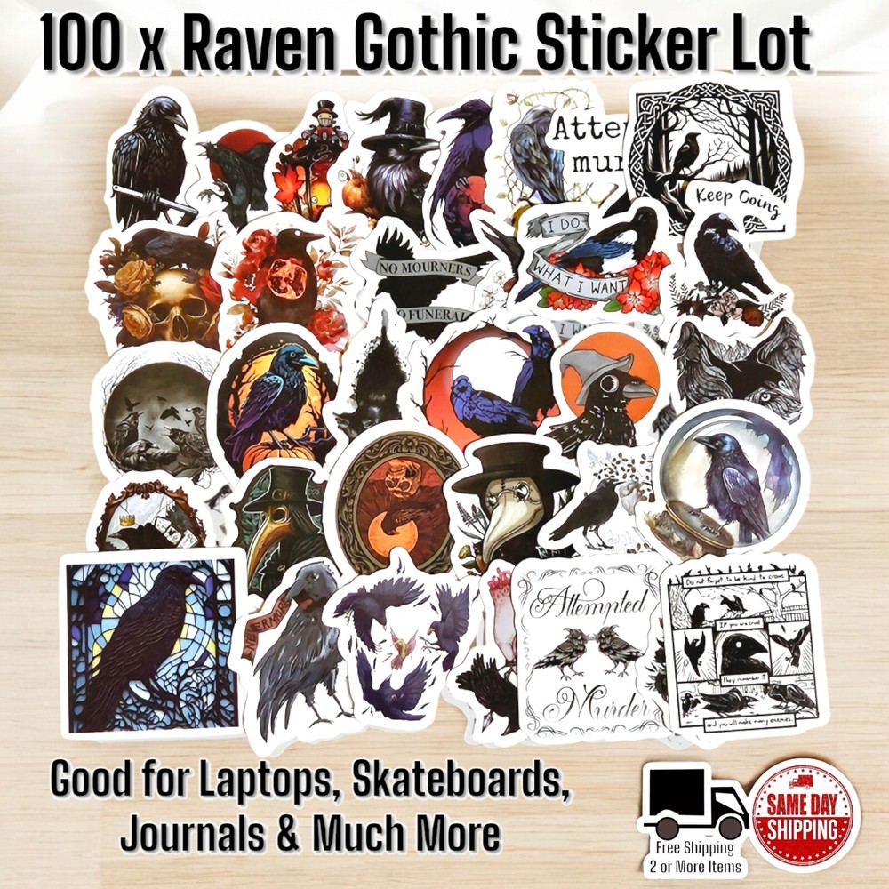 100 Pcs Gothic Raven Theme Stickers Lot For Laptops, Skateboards, Journal & More