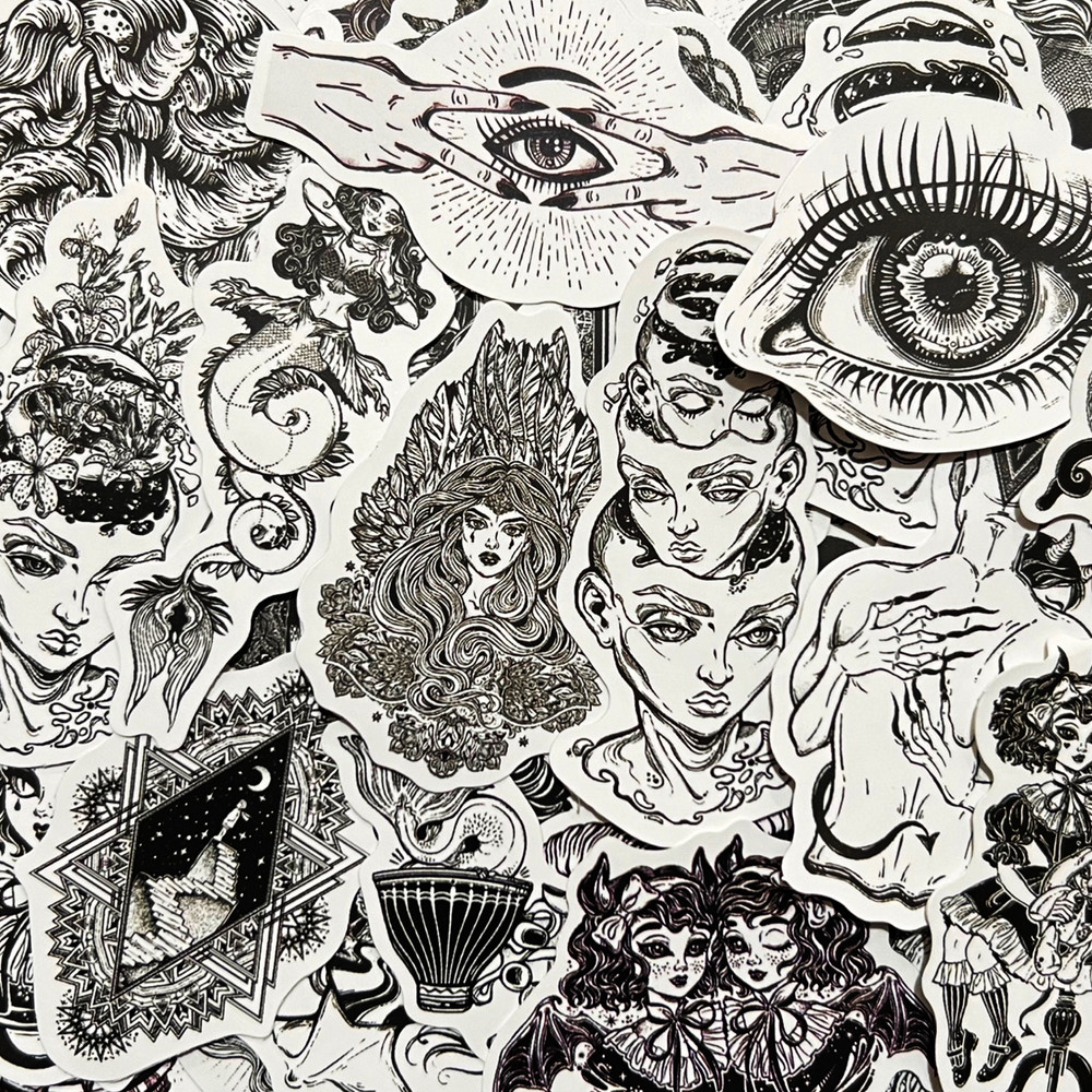 50 Black and White Punk Goth Laptop Stickers Dark Zodiac Symbol Witch Decals