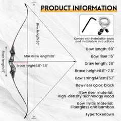 Black Hunter 60″ Takedown Recurve Bow – Bamboo Core for Archery & Hunting