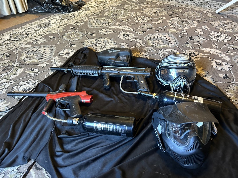 Two Paintball Guns: Tippmann 98 Custom, Cybrid , 2 Masks, Air Tanks, Hopper