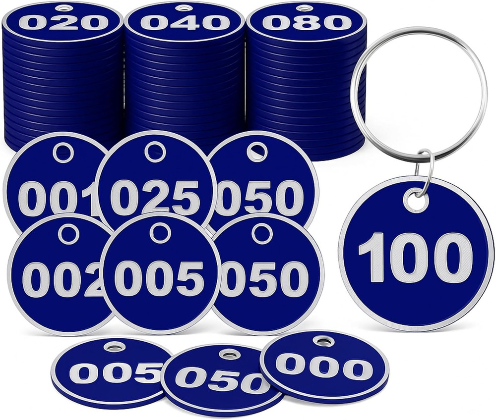 Metal Key Tags 1-100 – Durable Alloy Steel Numbered Tags in Blue Sequential Roun