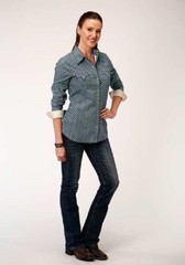 Roper Women’s TEAL & GRAY AZTEC GEO WESTERN SHIRT w/ Snaps Size S M L 1X 2X 3X