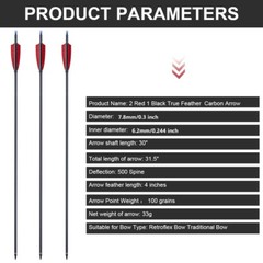 12Pcs 30 inch Carbon Shaft Arrows Spine 500 OD 7.6mm True Turkey Feathers Arrows