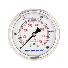2-1/2inch Dial Size, Glycerin Filled Pressure Gauge, 0 0-100 psi Back Mount